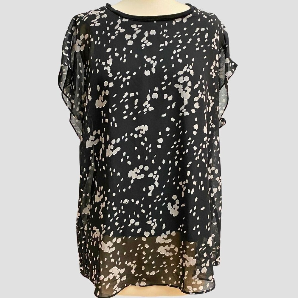 CAbi #3597 Cosmos Night Sky Blouse Top Sheer polka dots black M